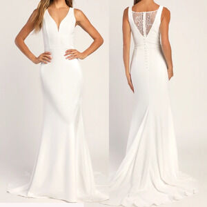 LULU'S XS Long-Lasting Love Ivory Satin Lace V-Neck Mermaid Dress NEW 0B11 *flaw